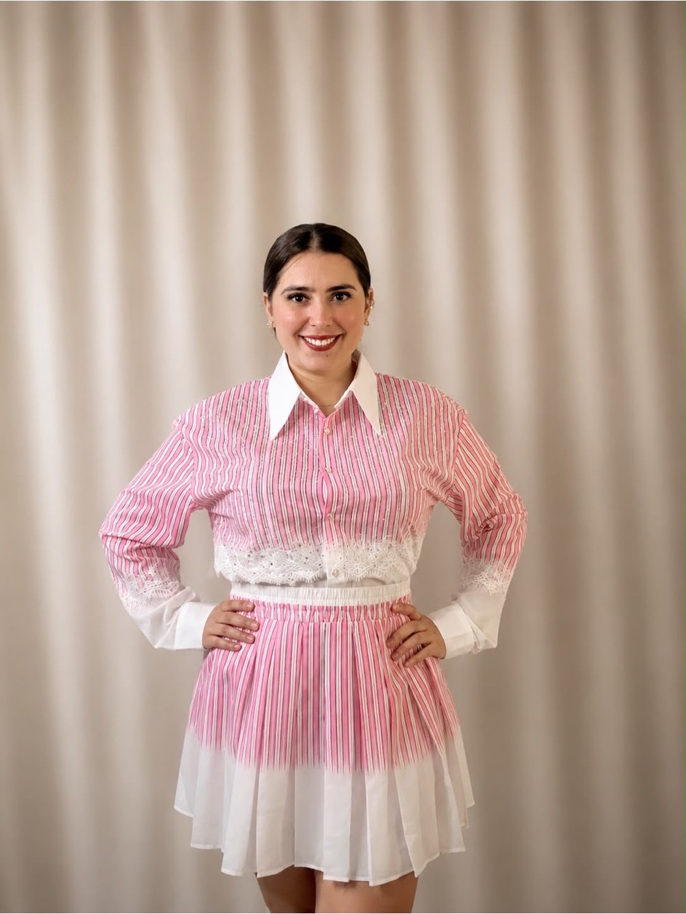 Pink Striped Lace Shirt & Pleated Mini Skirt Set
